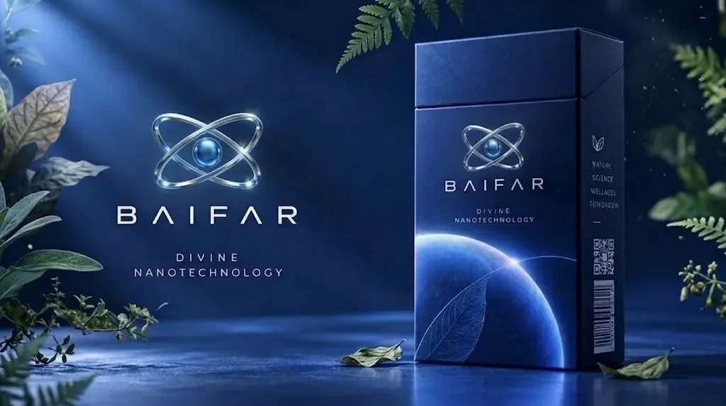 Baifar logo, Divine Nanotechnology, beside a packaging scene