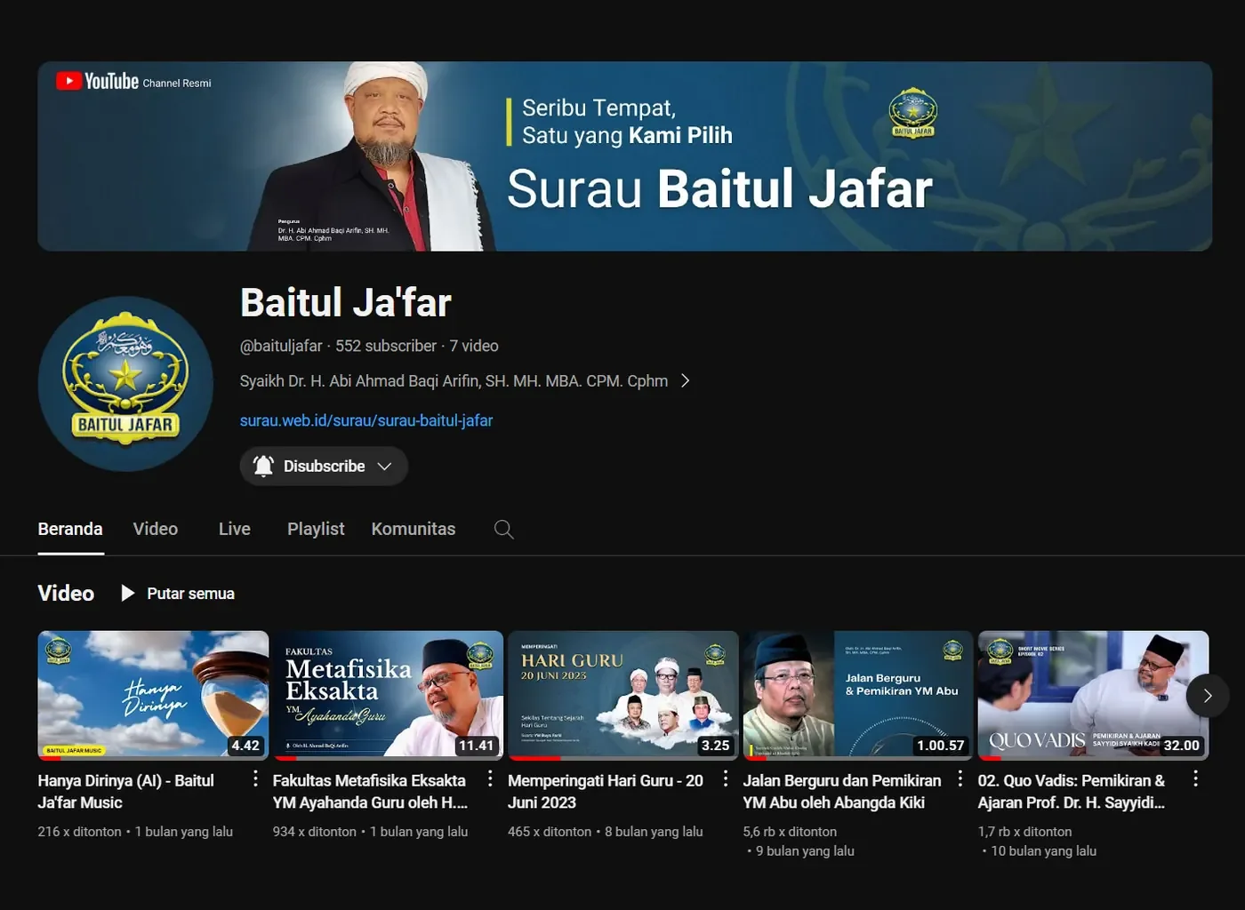 Surau Baitul Jafar YouTube channel page