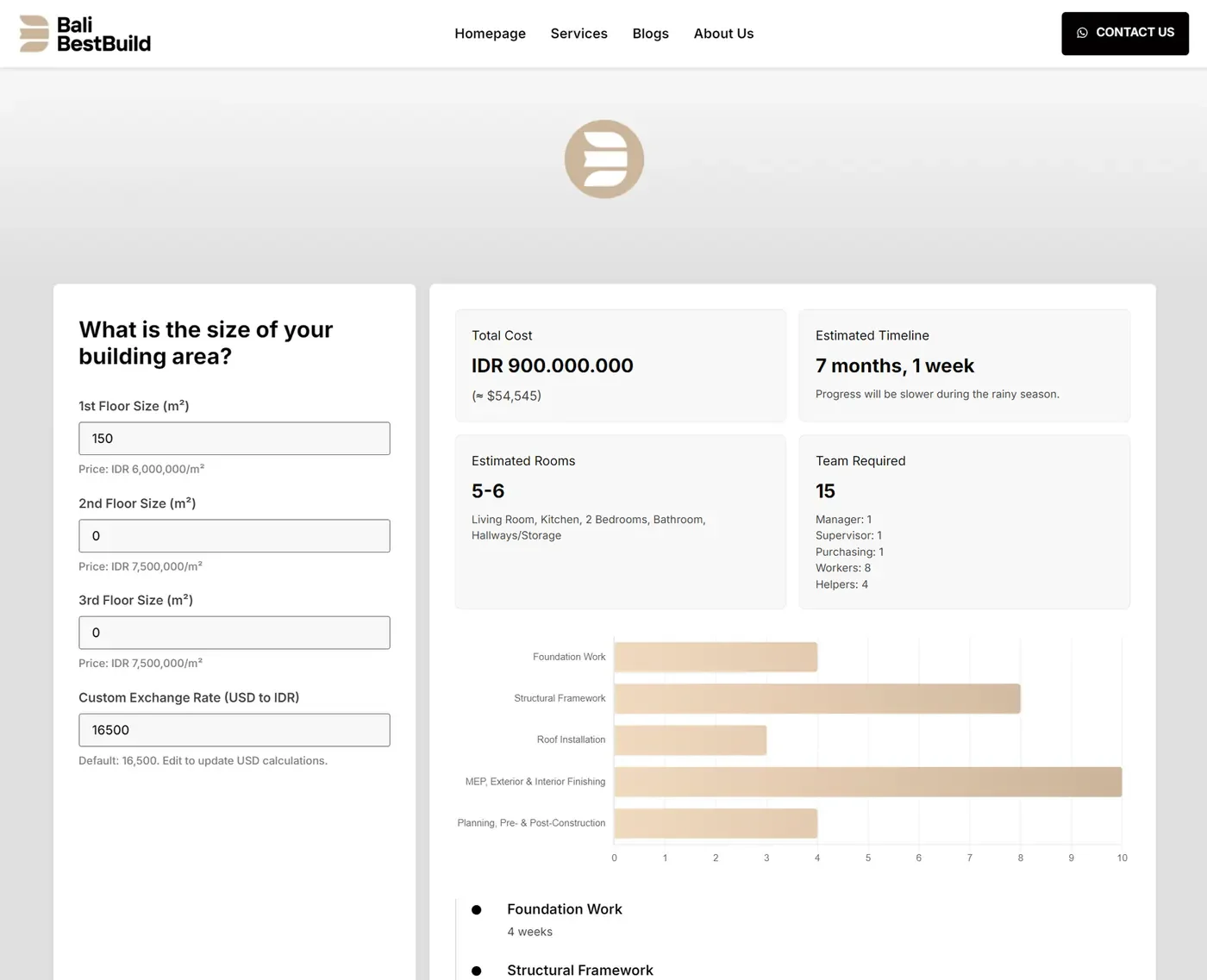 Bali Best Build website page with a building-cost estimate