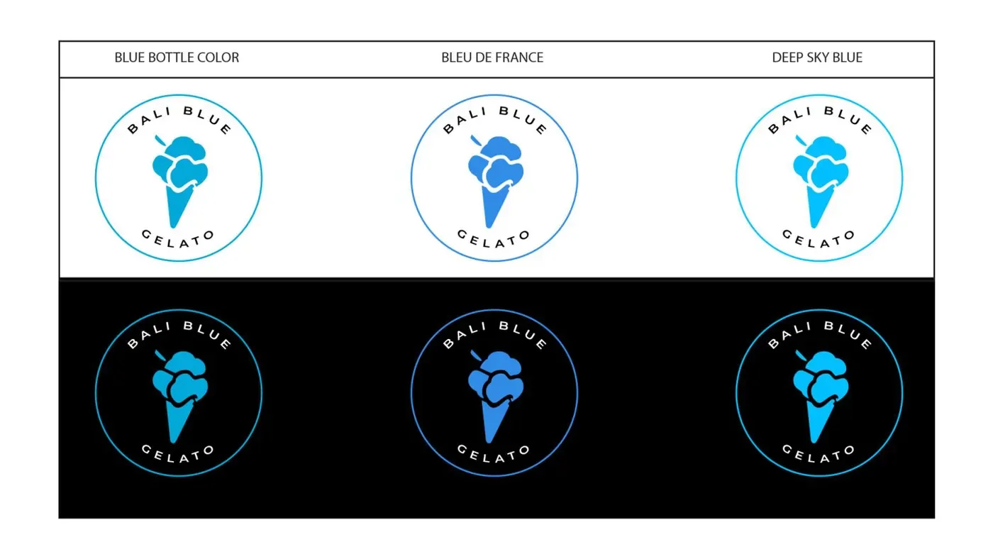 Bali Blue Gelato logo in three blues, on white and black