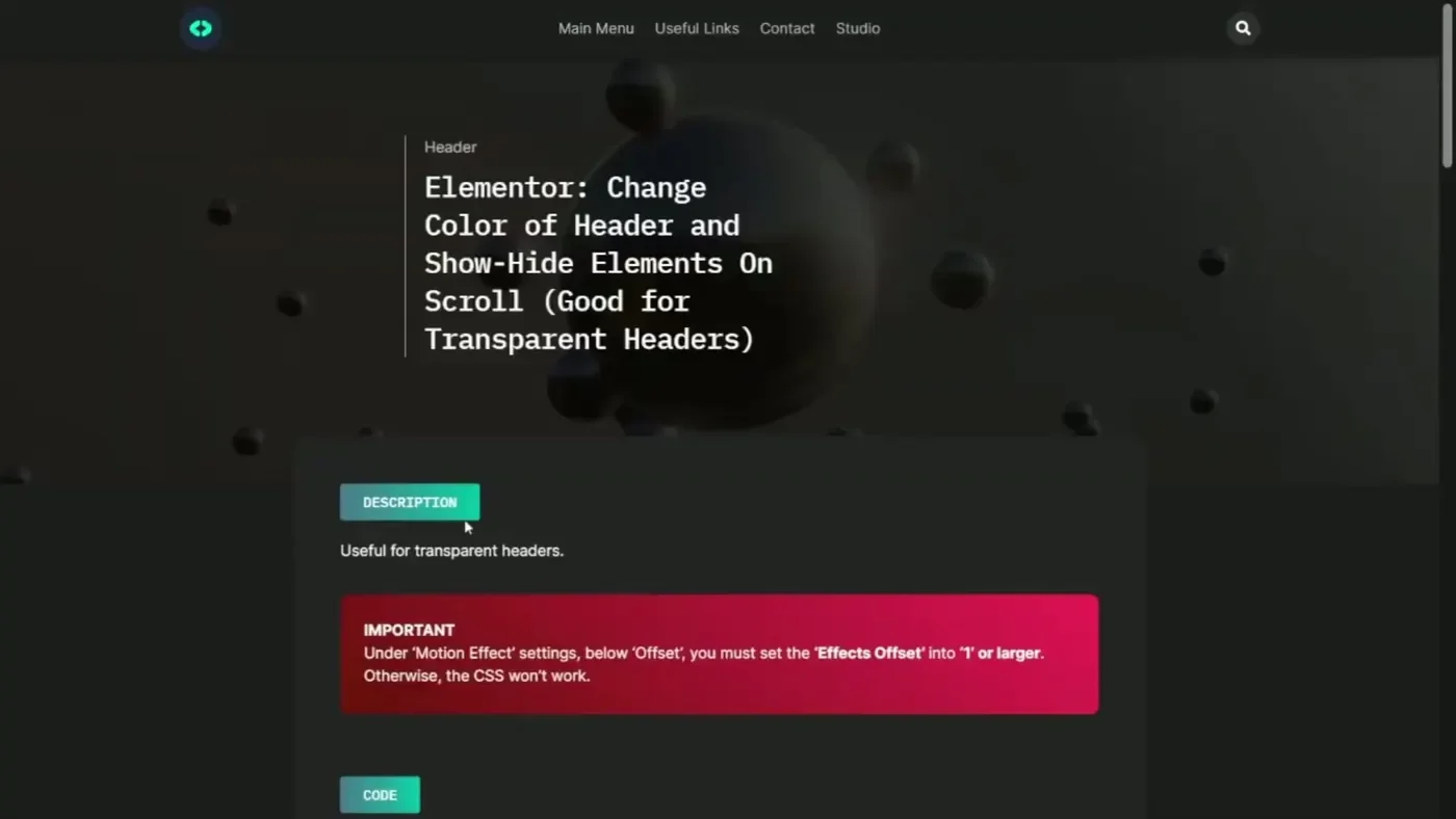 Elementor code snippet page