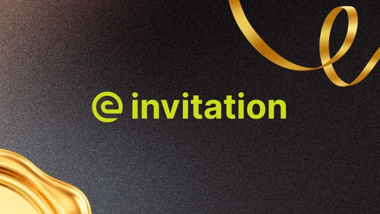 e-invitation wordmark in yellow-green on black and gold