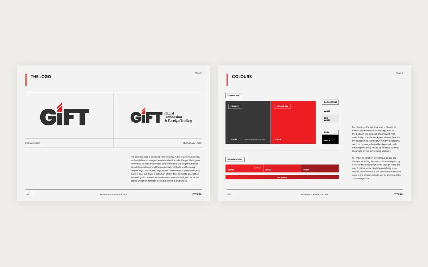 Two pages of the GIFT brand guidelines: logo and colours