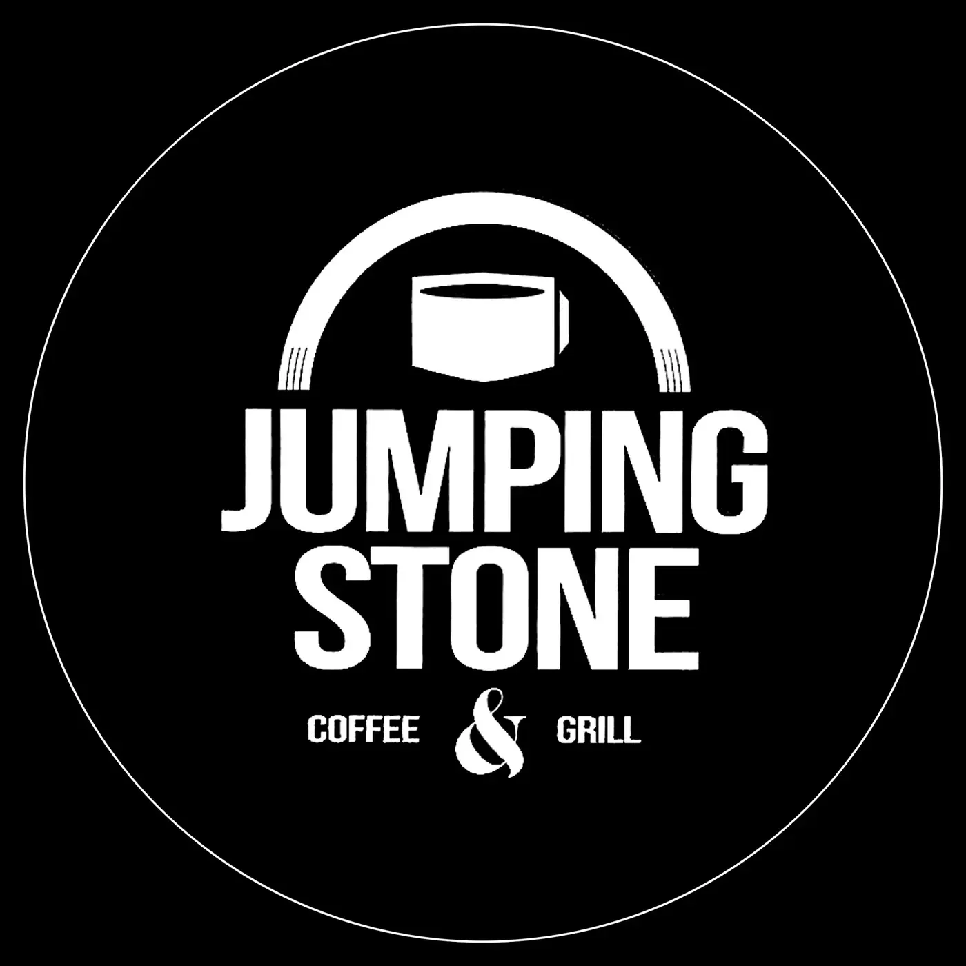 Jumping Stone Coffee & Grill logo in white on black