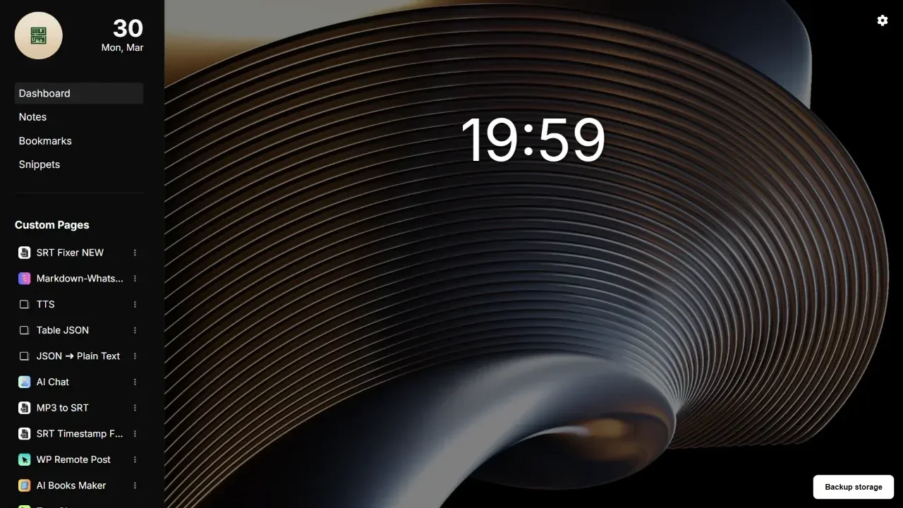 Local Workspace dashboard with a clock