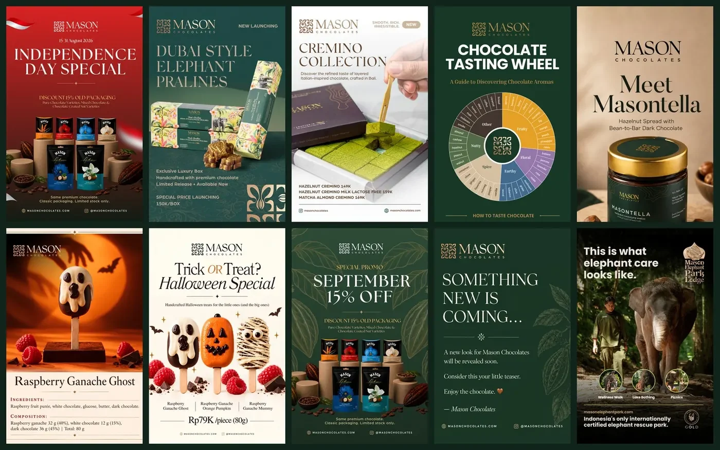 Mason Chocolates and Mason Elephant Park marketing designs