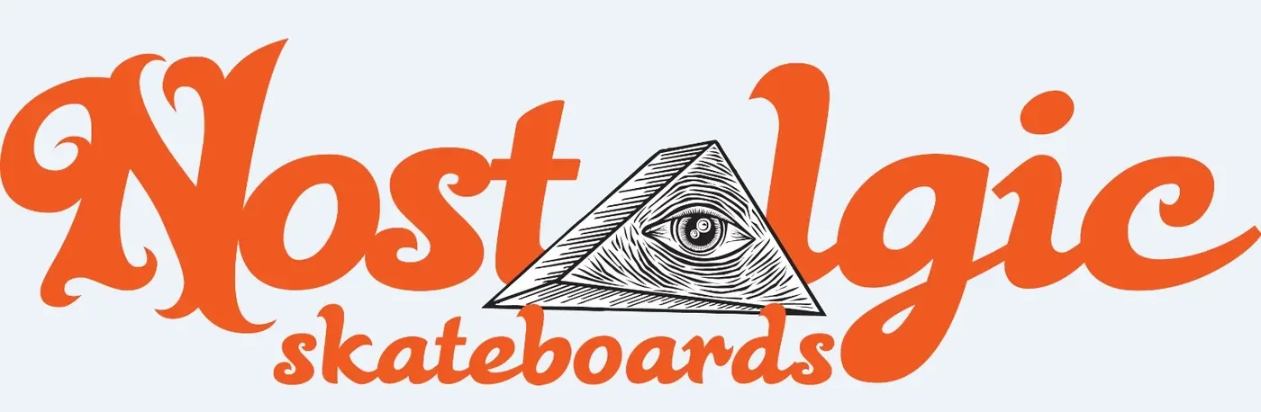 Nostalgic skateboards logo in orange script with an eye in a triangle