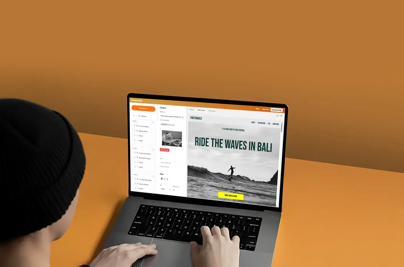 O/Page website builder on a laptop