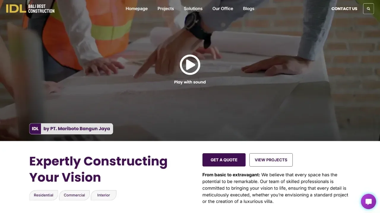 IDL Bali Best Construction website home page, by PT Mariboto Bangun Jaya