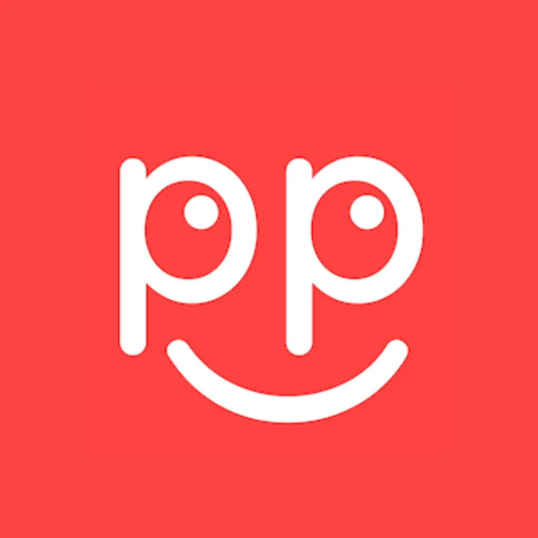 Puppetry AI logo, two eyes and a smile, in white on red