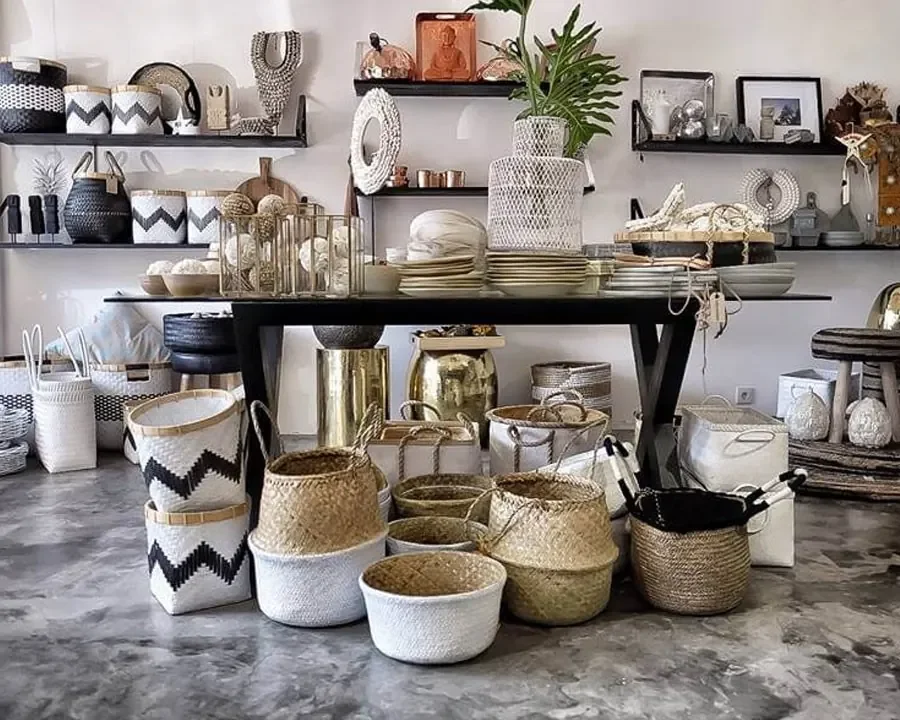 Souq store shelf with woven baskets and homeware