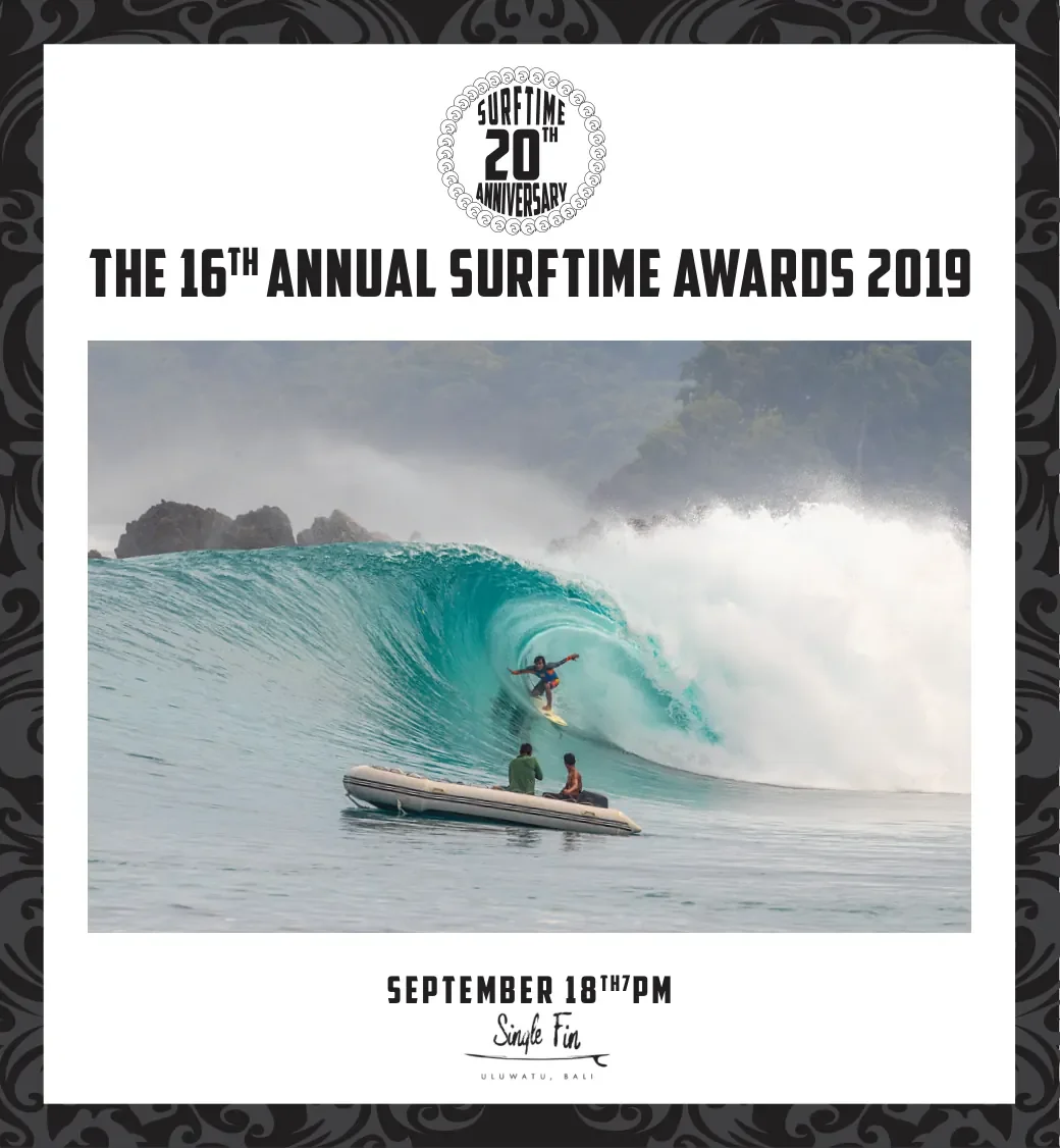 The 16th Annual Surftime Awards 2019 poster with a surfer in a barrel