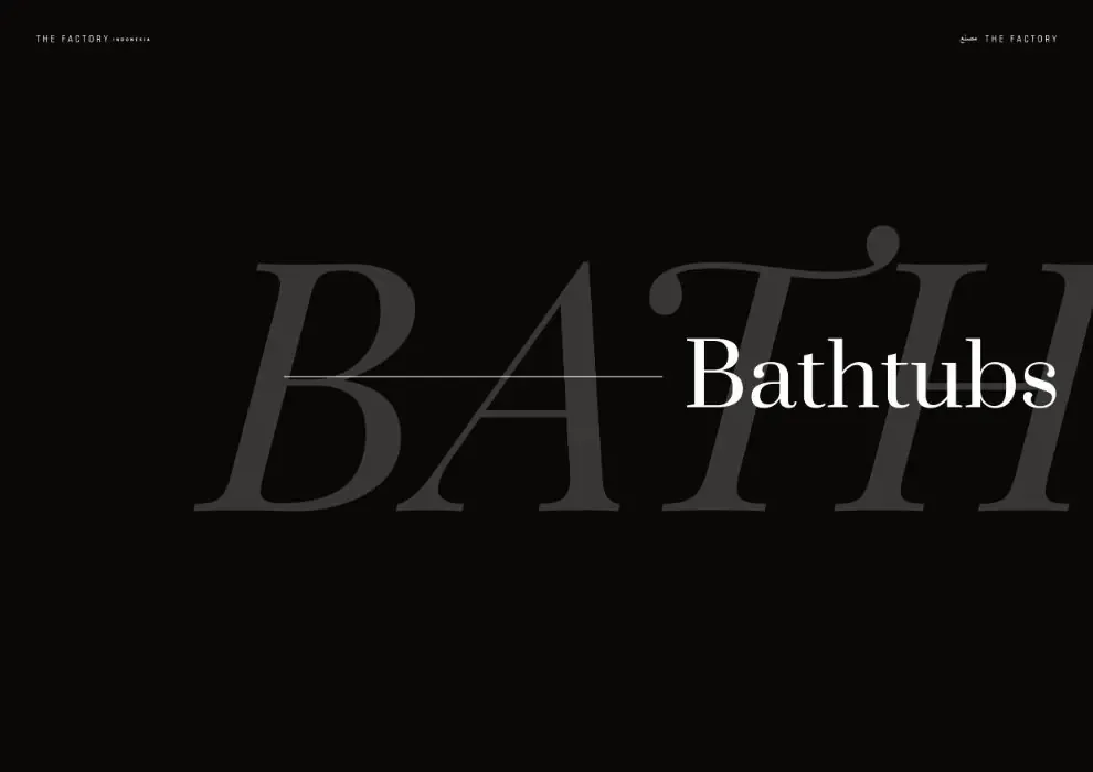 The Factory catalogue divider: Bathtubs, in a large serif on black