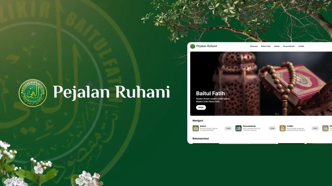 Pejalan Ruhani website and app screens on green